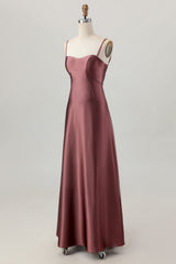 Coffee Satin A Line Corset Lace Up Back Long Bridesmaid Dress