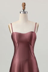 Coffee Satin A Line Corset Lace Up Back Long Bridesmaid Dress