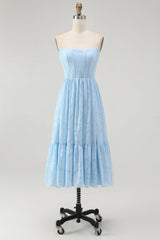 Sky Blue Corset Strapless A Line Midi Bridesmaid Dress