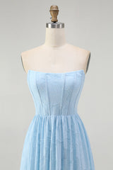 Sky Blue Corset Strapless A Line Midi Bridesmaid Dress
