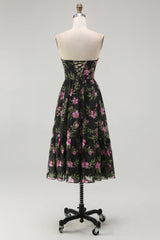 Black Pink Corset Floral Strapless Midi Bridesmaid Dress