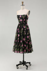 Black Pink Corset Floral Strapless Midi Bridesmaid Dress