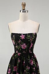 Black Pink Corset Floral Strapless Midi Bridesmaid Dress