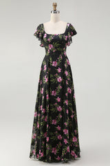 Black Pink Floral Chiffon Long Bridesmaid Dress with Sleeves