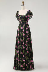 Black Pink Floral Chiffon Long Bridesmaid Dress with Sleeves