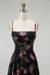 Black Pink Floral Chiffon Spaghetti Straps Long Bridesmaid Dress