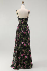 Black Pink Corset Floral Chiffon Long Bridesmaid Dress with Side Cape