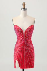 Sparkly Red Tight Beaded Short Homecoming Dress with Slit