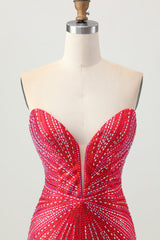 Sparkly Red Tight Beaded Short Homecoming Dress with Slit