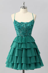 Sparkly Dark Green Corset Tiered Short Homecoming Dress with Beading