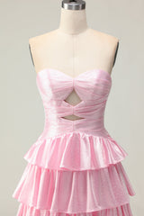 Sparkly Pink Ruffled Strapless Long Prom Dress with Keyhole