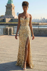 Sparkly Golden Mermaid Strapless Beaded Long Corset Prom Dress with Slit