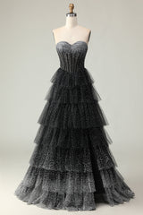 Sparkly Black and White Polka Dots Ruffled Sweetheart Long Corset Prom Dress