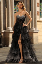 Sparkly Black and White Polka Dots A Line Tiered Long Corset Prom Dress