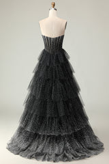Sparkly Black and White Polka Dots Ruffled Sweetheart Long Corset Prom Dress