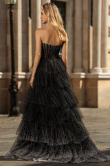 Sparkly Black and White Polka Dots Ruffled Sweetheart Long Corset Prom Dress
