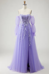 Sparkly Purple Floral A-Line Long Prom Dress with Detachable Sleeves