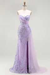 Sparkly Floral Purple Mermaid Sequin Long Corset Prom Dress with Slit