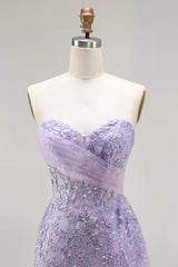 Sparkly Floral Purple Mermaid Sequin Long Corset Prom Dress with Slit
