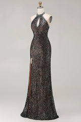Sparkly Black Halter Neck Mermaid Sequins Long Prom Dress with Slit