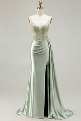 Sparkly Green Floral Mermaid Long Corset Prom Dress with Appliques
