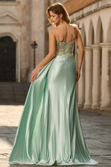 Sparkly Green Floral Mermaid Long Corset Prom Dress with Appliques