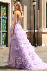 Sparkly Purple A Line Strapless Long Corset Prom Dress with Butterflies