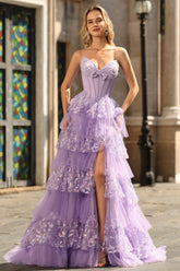 Sparkly Purple A Line Strapless Long Corset Prom Dress with Butterflies