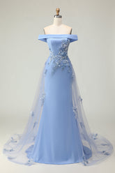 Grey Blue Off the Shoulder Mermaid Long Prom Dress