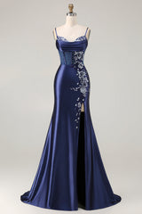 Navy Floral Satin Appliqued Mermaid Long Corset Prom Dress with Slit