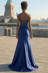 Navy Floral Satin Appliqued Mermaid Long Corset Prom Dress with Slit