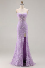Sparkly Floral Purple Mermaid Beaded Long Corset Prom Dress with Slit