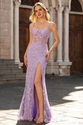 Sparkly Floral Purple Mermaid Beaded Long Corset Prom Dress with Slit