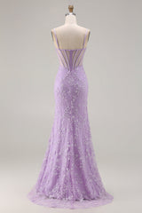 Sparkly Floral Purple Mermaid Beaded Long Corset Prom Dress with Slit