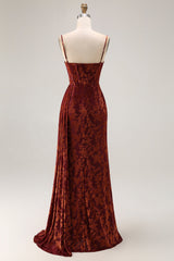 Burgundy Corset Spaghetti Straps Velvet Long Wedding Guest Dress with Slit