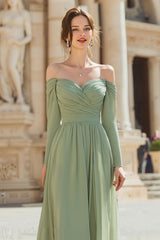 Sage Green Off the Shoulder Chiffon A-Line Long Bridesmaid Dress with Sleeves