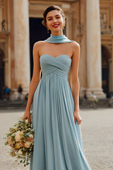 Dusty Blue Sweetheart Chiffon Ruched A-Line Long Bridesmaid Dress