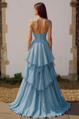 Dusty Blue Spaghetti Straps Chiffon Ruffled A-Line Long Bridesmaid Dress