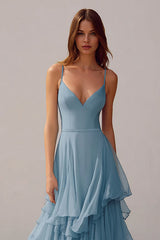 Dusty Blue Spaghetti Straps Chiffon Ruffled A-Line Long Bridesmaid Dress