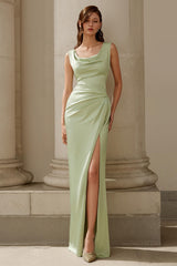 Dusty Sage Square Neck Satin Mermaid Long Bridesmaid Dress with Slit