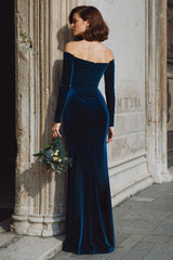 Dark Blue Velvet Mermaid Off the Shoulder Long Sleeves Bridesmaid Dress with Slit