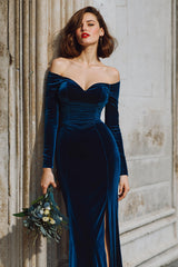 Dark Blue Velvet Mermaid Off the Shoulder Long Sleeves Bridesmaid Dress with Slit
