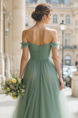 Eucalyptus Green Off the Shoulder Tulle A-Line Long Bridesmaid Dress