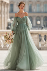 Eucalyptus Green Off the Shoulder Tulle A-Line Long Bridesmaid Dress with Sleeves