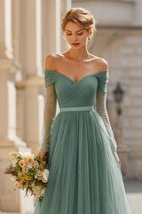 Eucalyptus Off the Shoulder Tulle A-Line Long Bridesmaid Dress