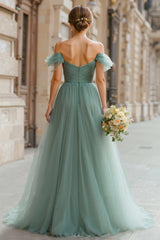 Eucalyptus Green Tulle A-Line Off the Shoulder Long Bridesmaid Dress