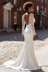 White Chiffon Mermaid V-Neck Long Sleeves Sweep Train Wedding Dress