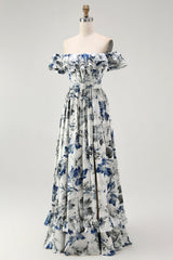 Blue Chiffon Floral A-Line Long Wedding Guest Dress with Ruffles