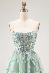 Sparkly Dusty Sage Strapless Short Tiered Homecoming Dress