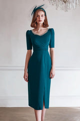 Sparkly Peacock Blue Round Neck Midi Mother of the Bride Dress with Slit